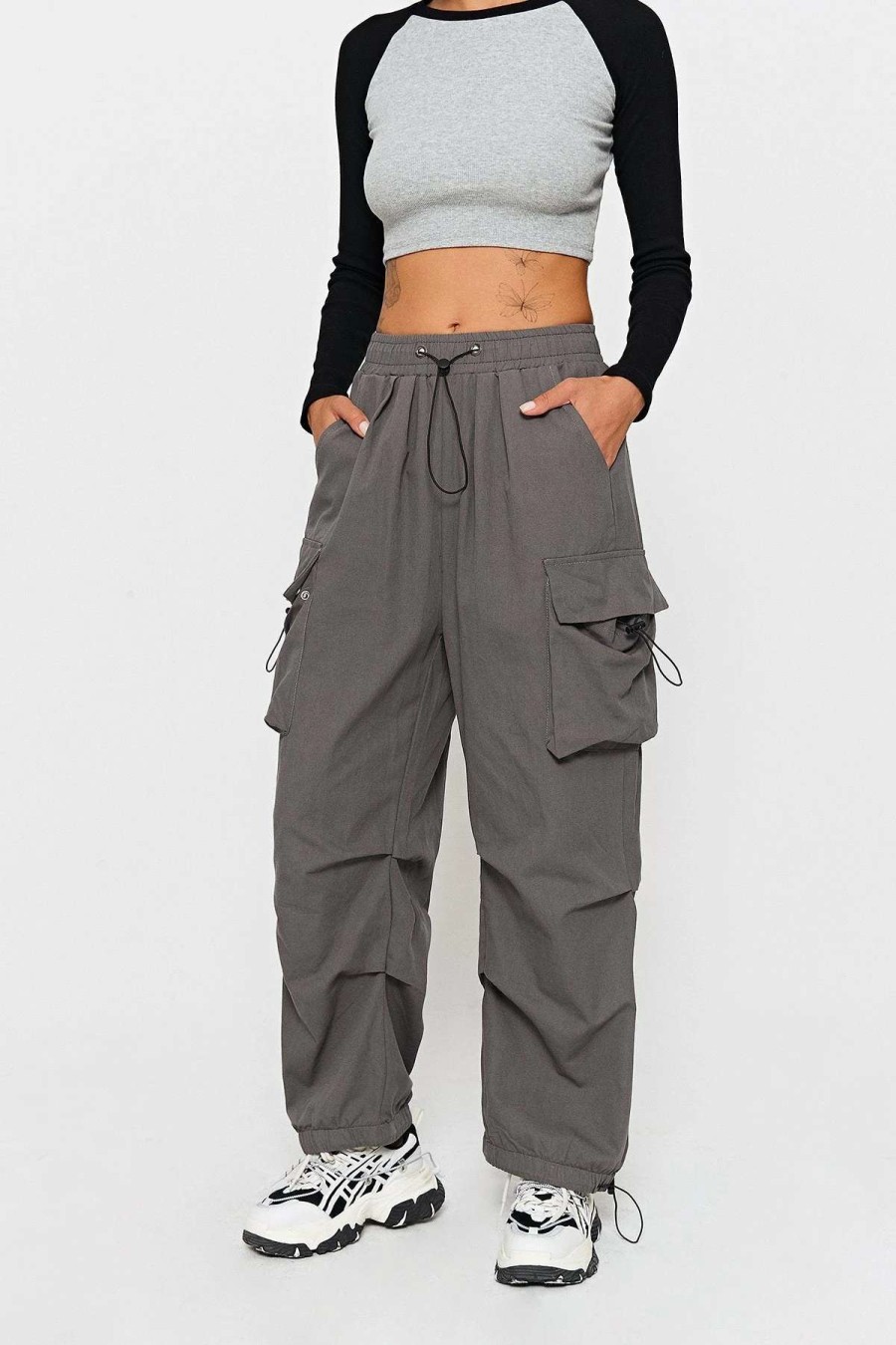 Pants * | Solado Pocket Patched Drawstring Ruched Wide Leg Pants Gray