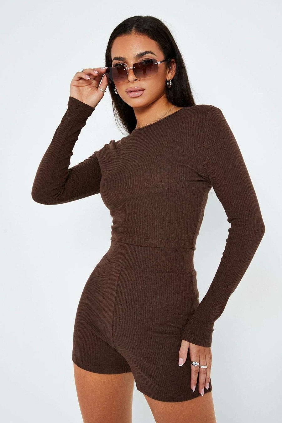 Shorts * | Solado Ribbed Long Sleeve Top & High Waist Shorts Set Brown