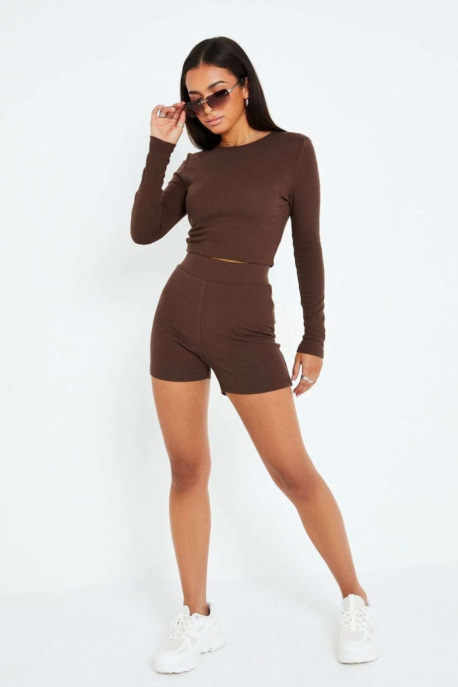 Shorts * | Solado Ribbed Long Sleeve Top & High Waist Shorts Set Brown