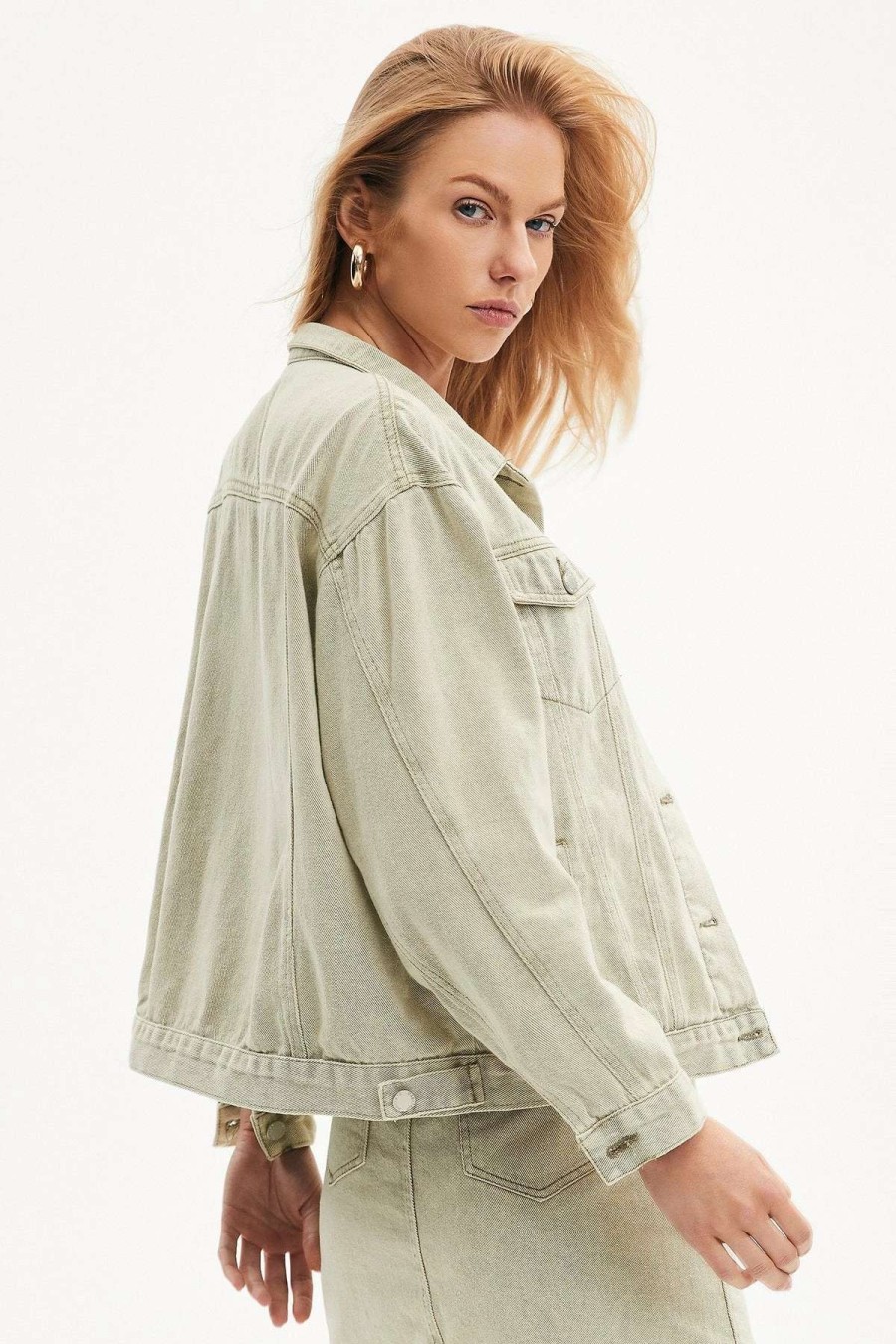 Denim Tops * | Solado Lapel Neck Patch Pocket Long Sleeve Denim Jacket Darkseagreen