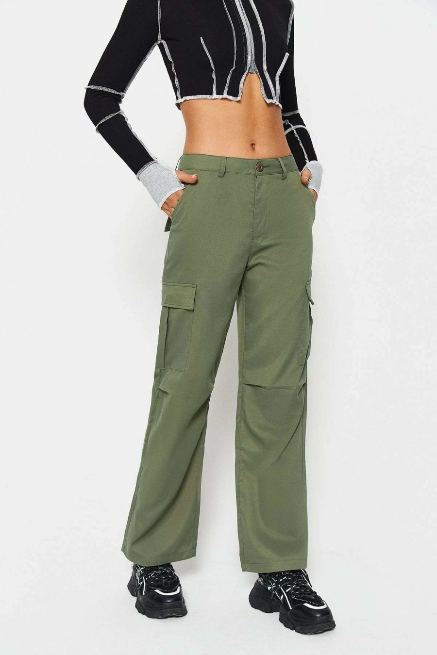 Pants * | Solado Low Waist Pocket Patched Solid Cargo Pants Olive