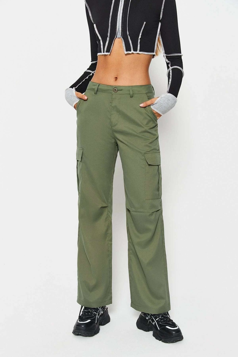 Pants * | Solado Low Waist Pocket Patched Solid Cargo Pants Olive