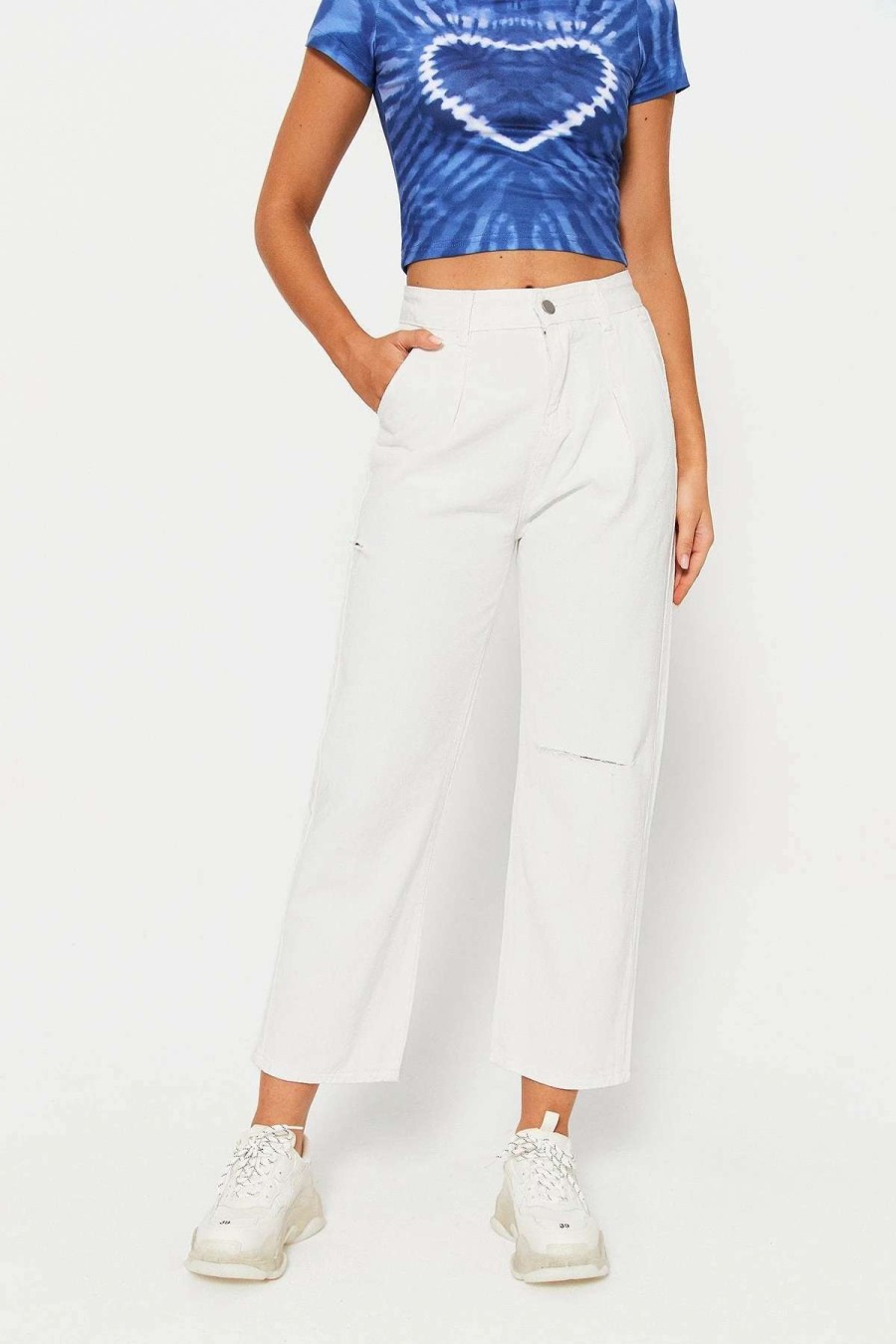 Pants * | Solado High Waist Raw Hem Ripped Dual Pocket Straight Pants White