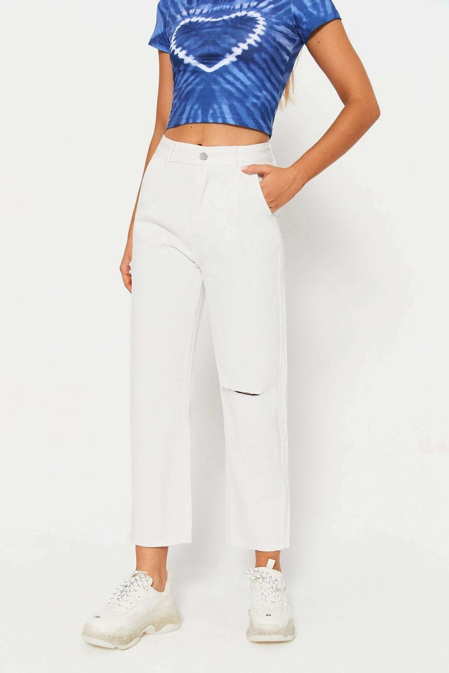 Pants * | Solado High Waist Raw Hem Ripped Dual Pocket Straight Pants White