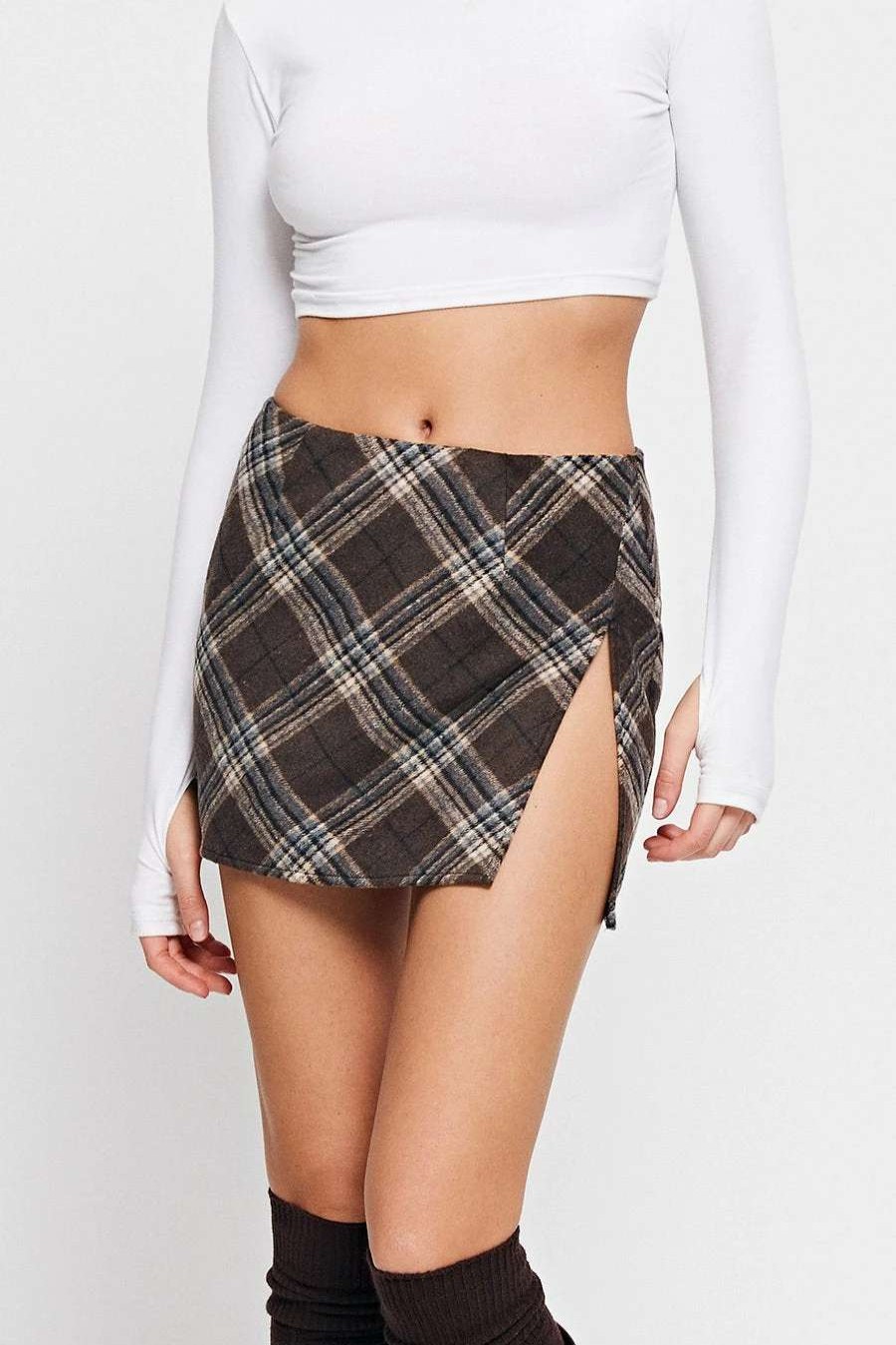 Skirts * | Solado Low Waist Check Print Split Hem Mini Skirt Brown