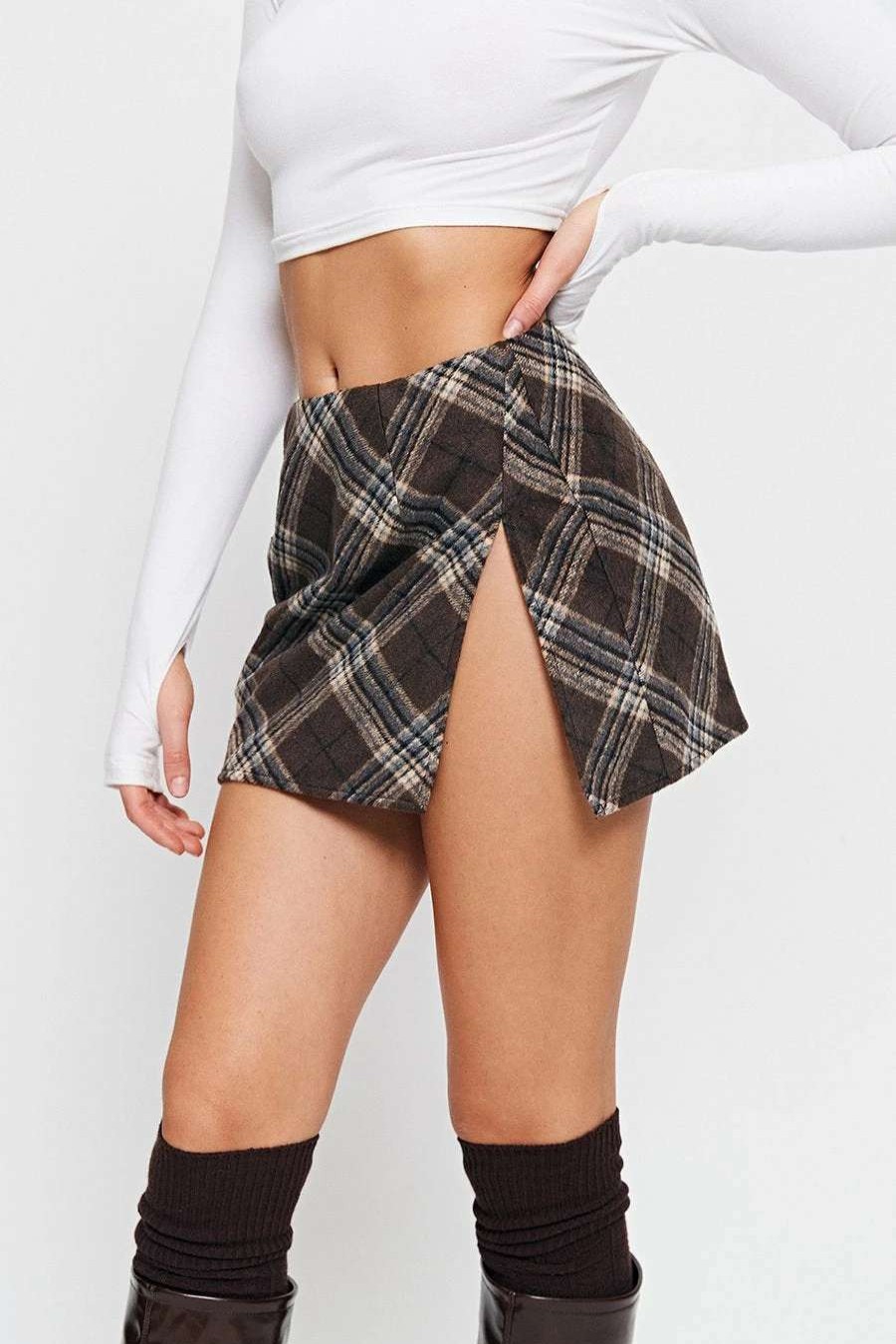 Skirts * | Solado Low Waist Check Print Split Hem Mini Skirt Brown