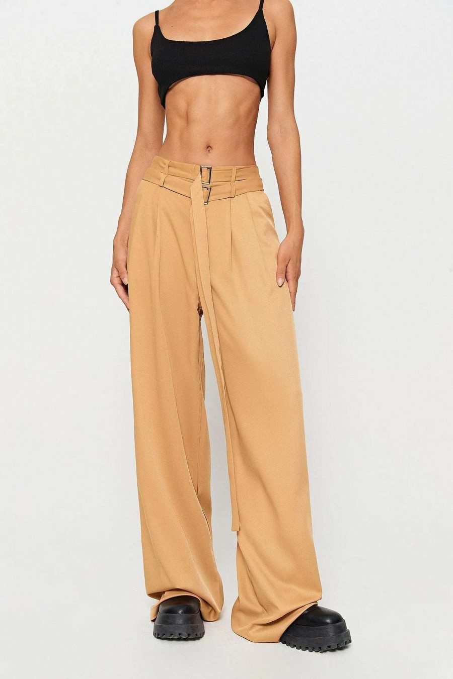 Pants * | Solado Buckled Decor Dual Pocket Draped Straight Pants With Belt Wheat