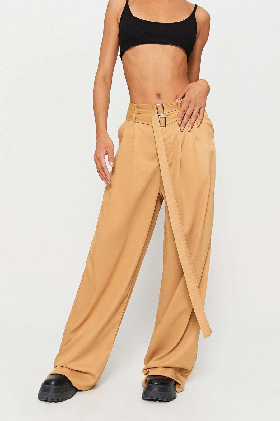 Pants * | Solado Buckled Decor Dual Pocket Draped Straight Pants With Belt Wheat