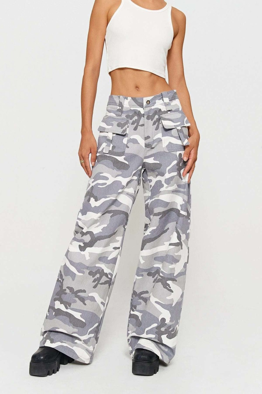 Pants * | Solado Low Waist Camo Print Pocket Patched Straight Pants Lightgray