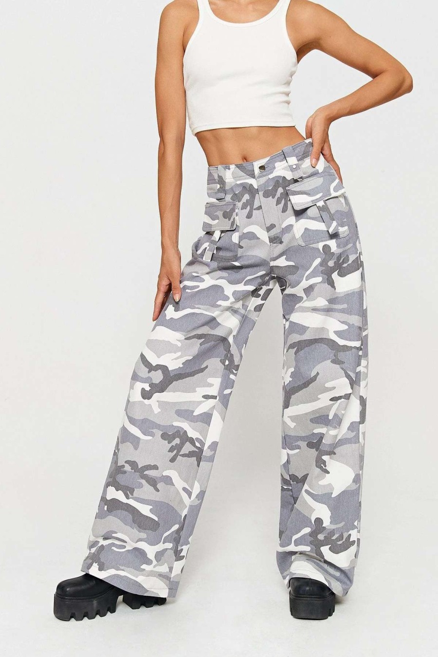 Pants * | Solado Low Waist Camo Print Pocket Patched Straight Pants Lightgray