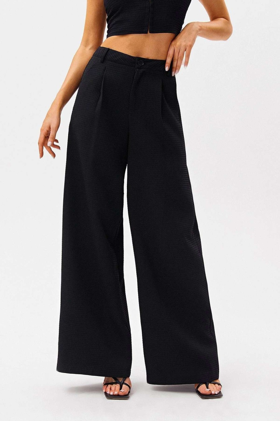 Pants * | Solado Waffle Knit Low Waist Dual Pocket Wide Leg Pants Black