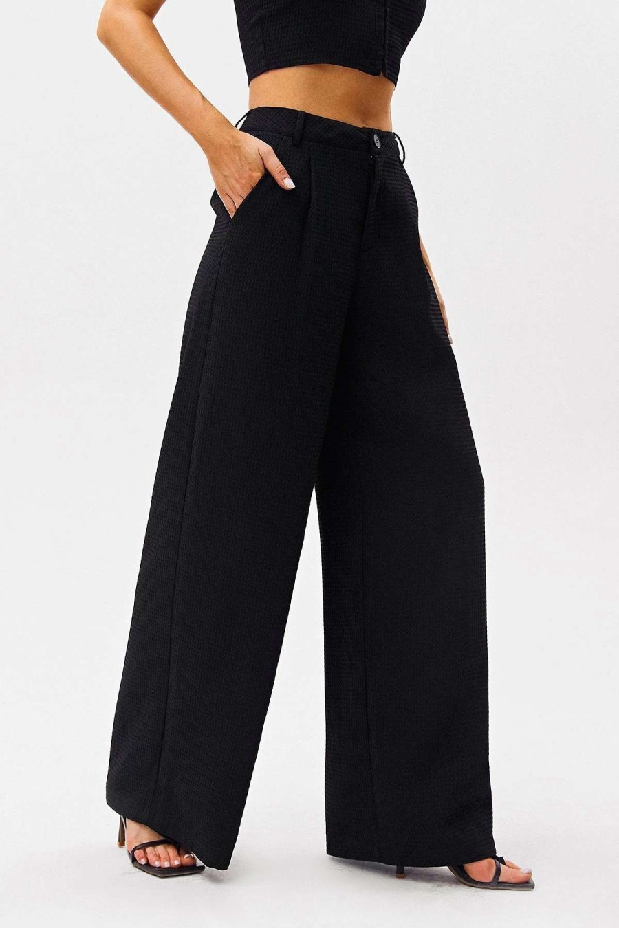 Pants * | Solado Waffle Knit Low Waist Dual Pocket Wide Leg Pants Black