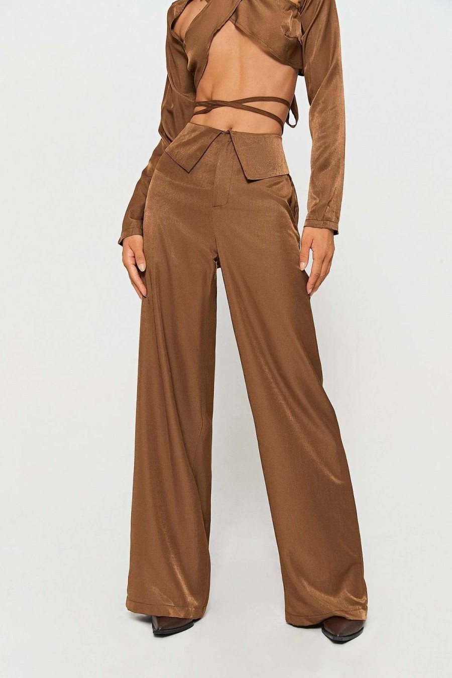 Pants * | Solado Cross Tie Lapel Waist Draped Wide Leg Pants Chocolate