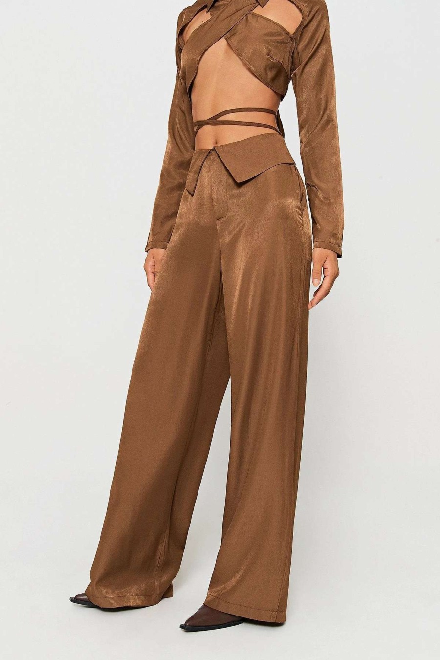 Pants * | Solado Cross Tie Lapel Waist Draped Wide Leg Pants Chocolate