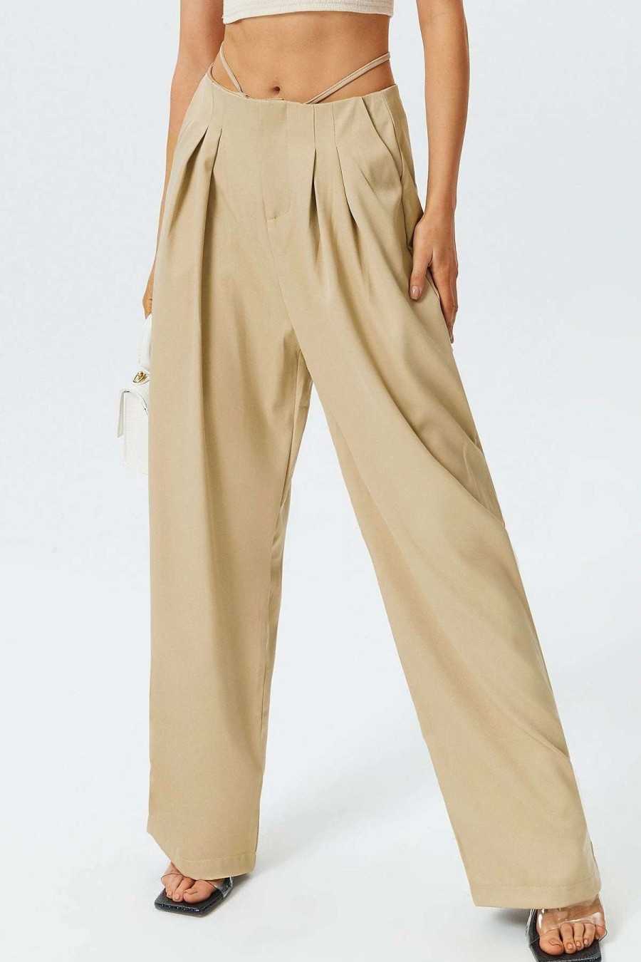 Pants * | Solado Tie Back Pleated Casual Pants Khaki