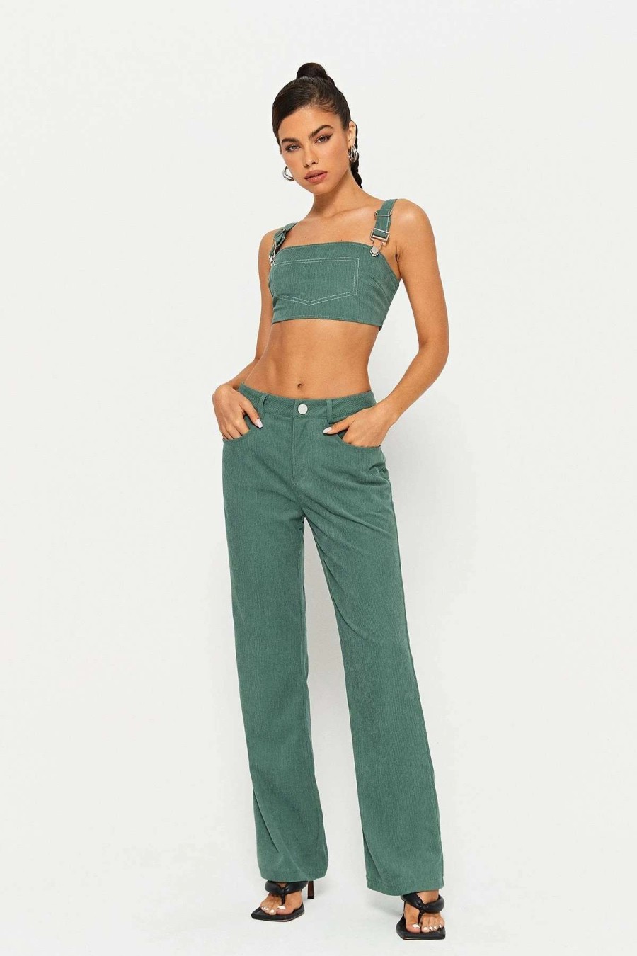 Pants * | Solado Low Waist Dual Pocket Corduroy Straight Pants Green