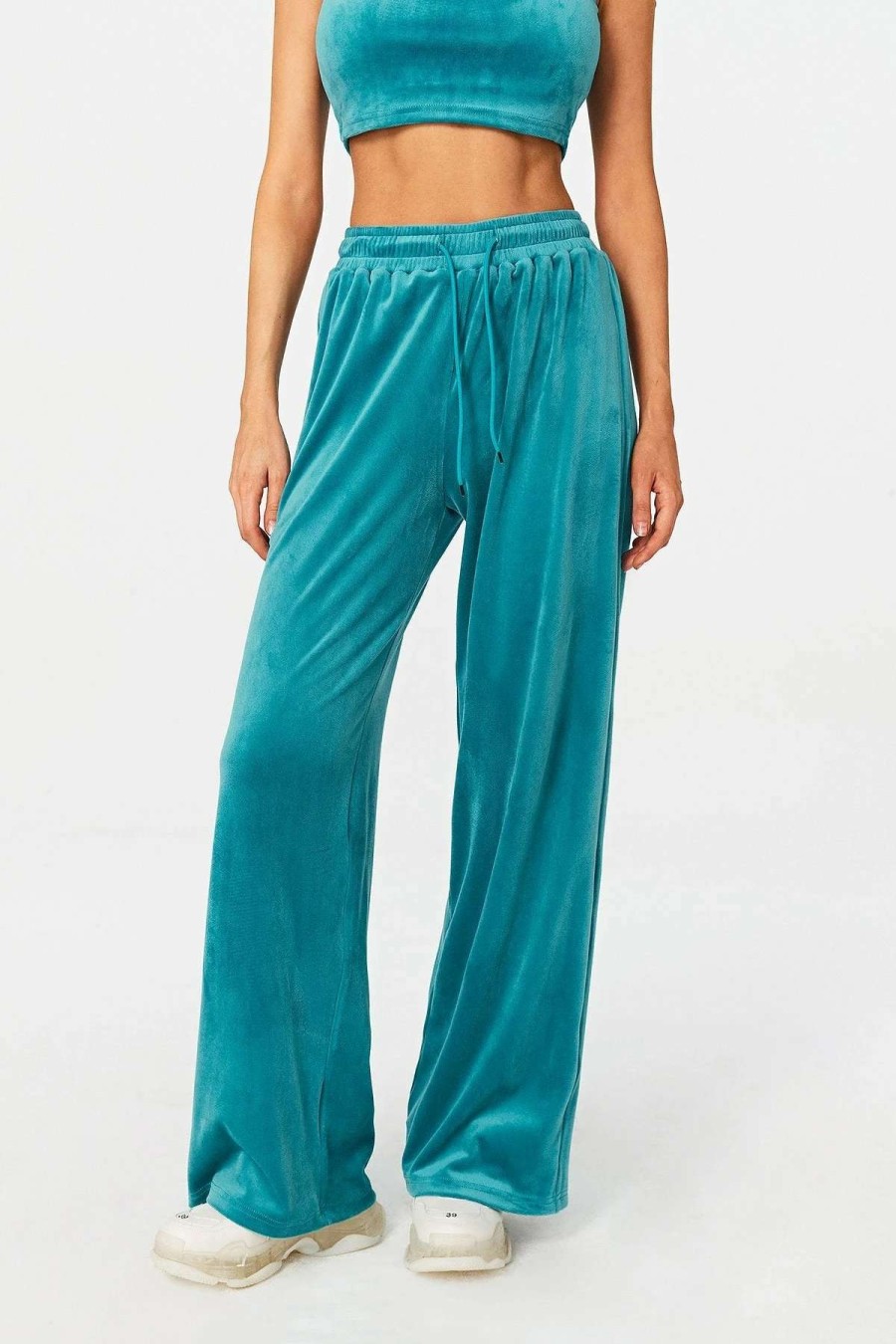 Pants * | Solado High Waist Drawstring Draped Velvet Straight Pants Darkcyan