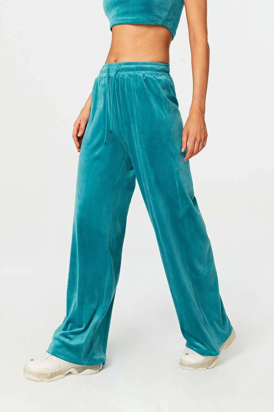 Pants * | Solado High Waist Drawstring Draped Velvet Straight Pants Darkcyan