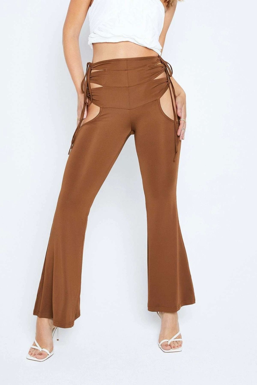 Pants * | Solado High Waist Cut Out Tie Detail Flared Pants Chocolate