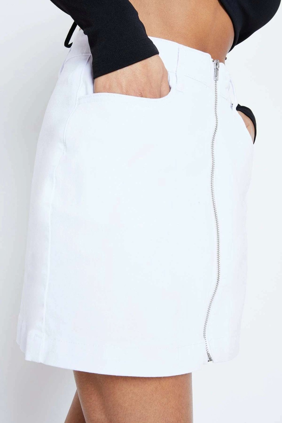 Skirts * | Solado Zipper Front Dual Pocket Solid Denim Skirt White