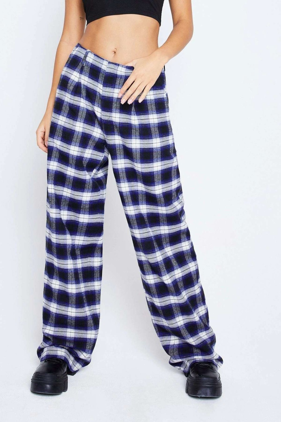 Pants * | Solado Low Waist Check Print Dual Pocket Straight Pants Navy