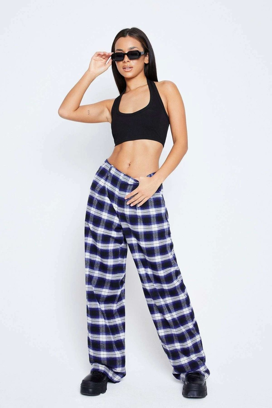 Pants * | Solado Low Waist Check Print Dual Pocket Straight Pants Navy