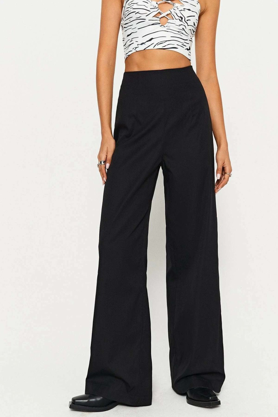 Pants * | Solado Cut Out High Waist Solid Straight Pants Black