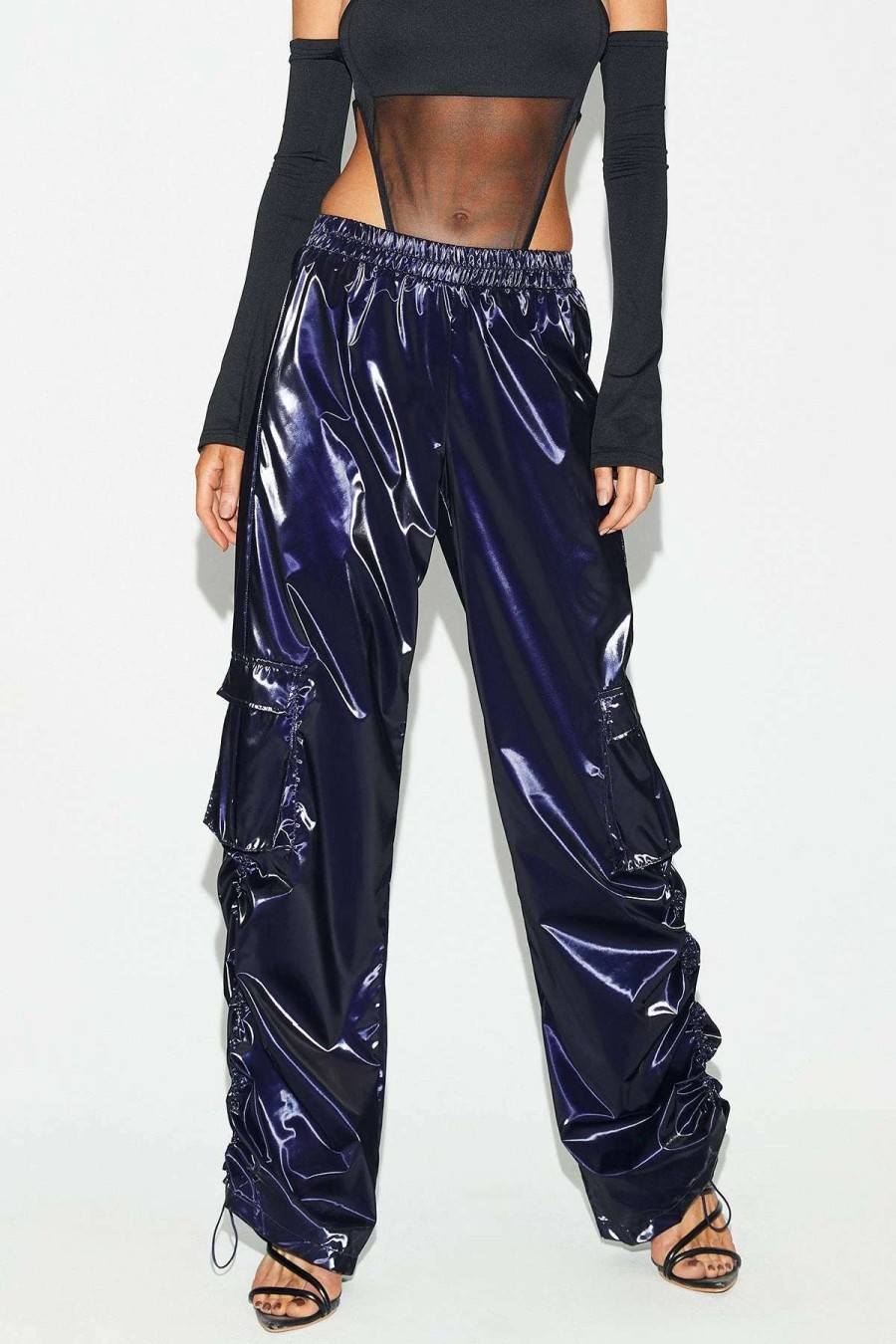 Pants * | Solado Low Waist Pocket Patched Drawstring Hem Wide Leg Pants Darkblue