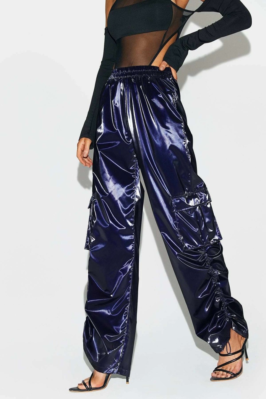 Pants * | Solado Low Waist Pocket Patched Drawstring Hem Wide Leg Pants Darkblue