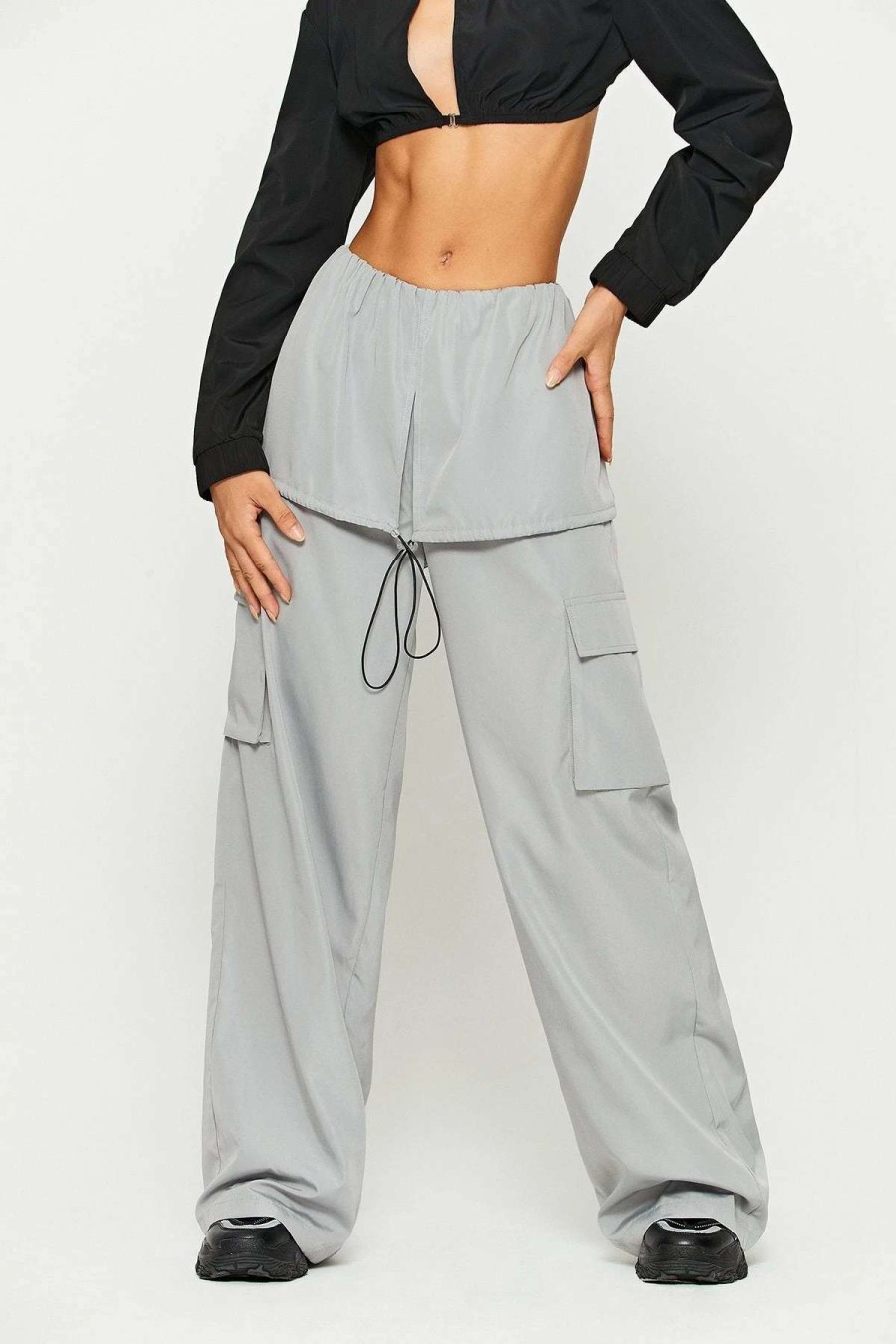 Pants * | Solado Layered Drawstring Pocket Patched Wide Leg Pants Lightgray