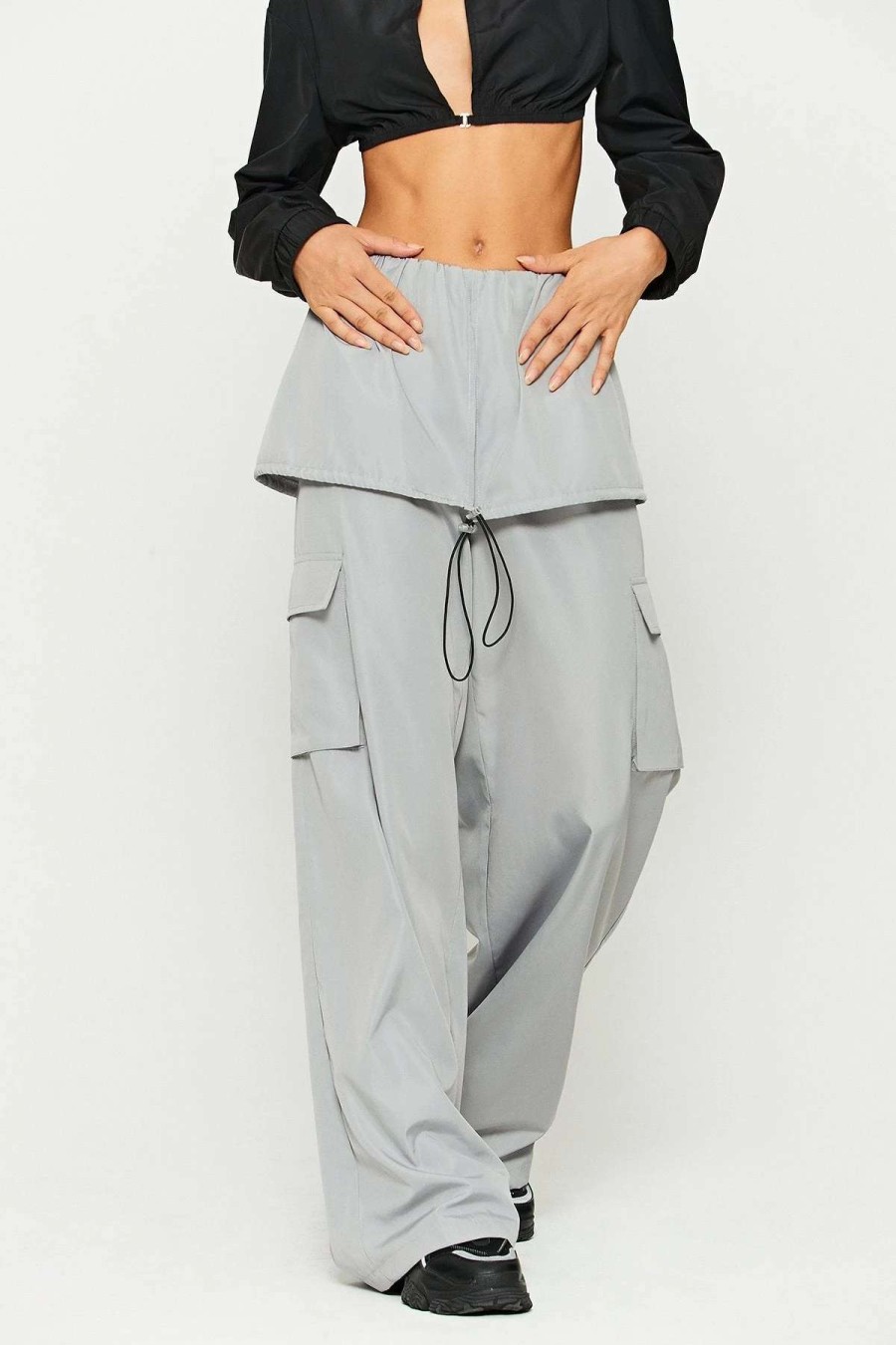 Pants * | Solado Layered Drawstring Pocket Patched Wide Leg Pants Lightgray