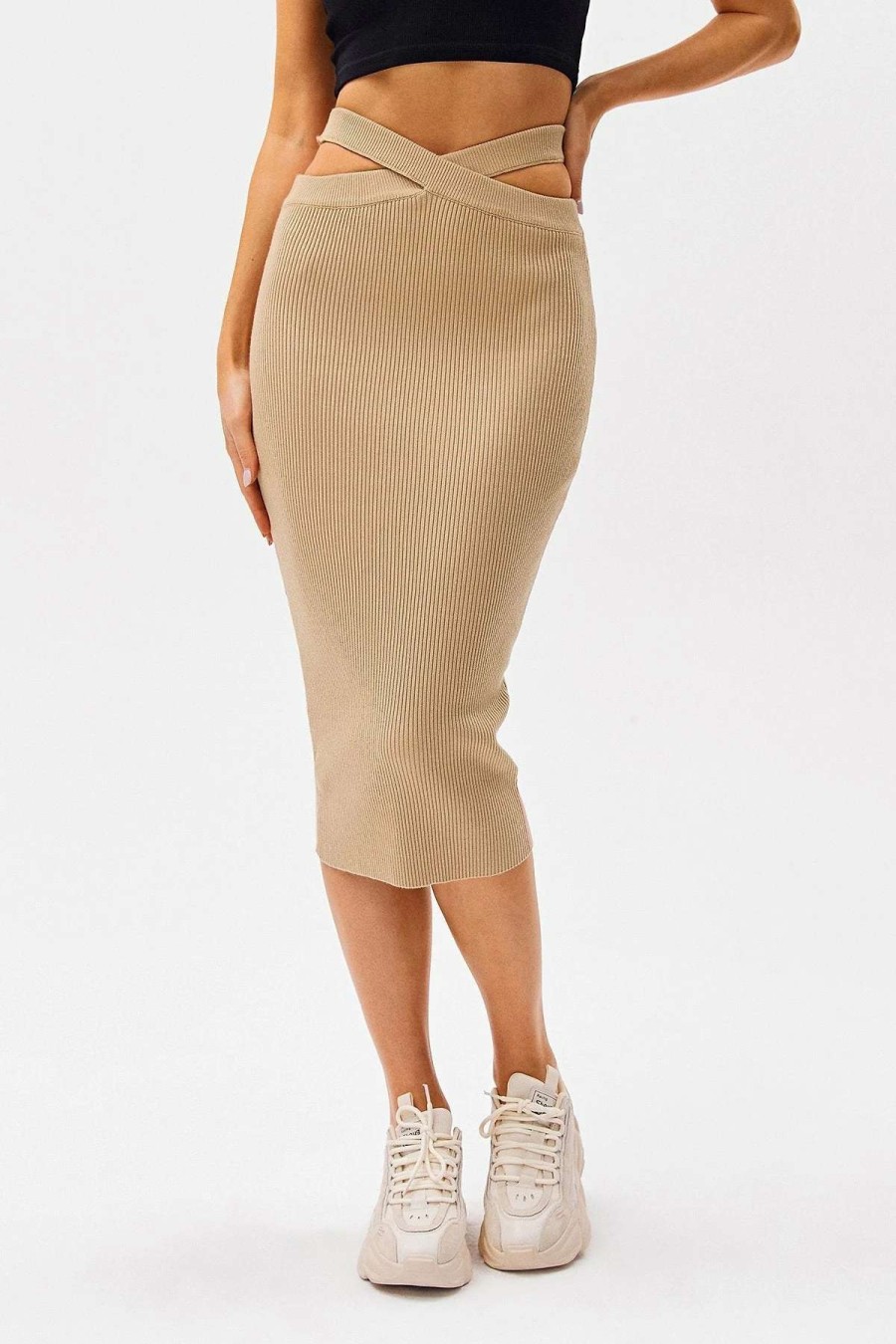 Skirts * | Solado Asymmetrical Waist Cut Out Ribbed Knit Midi Skirt Khaki