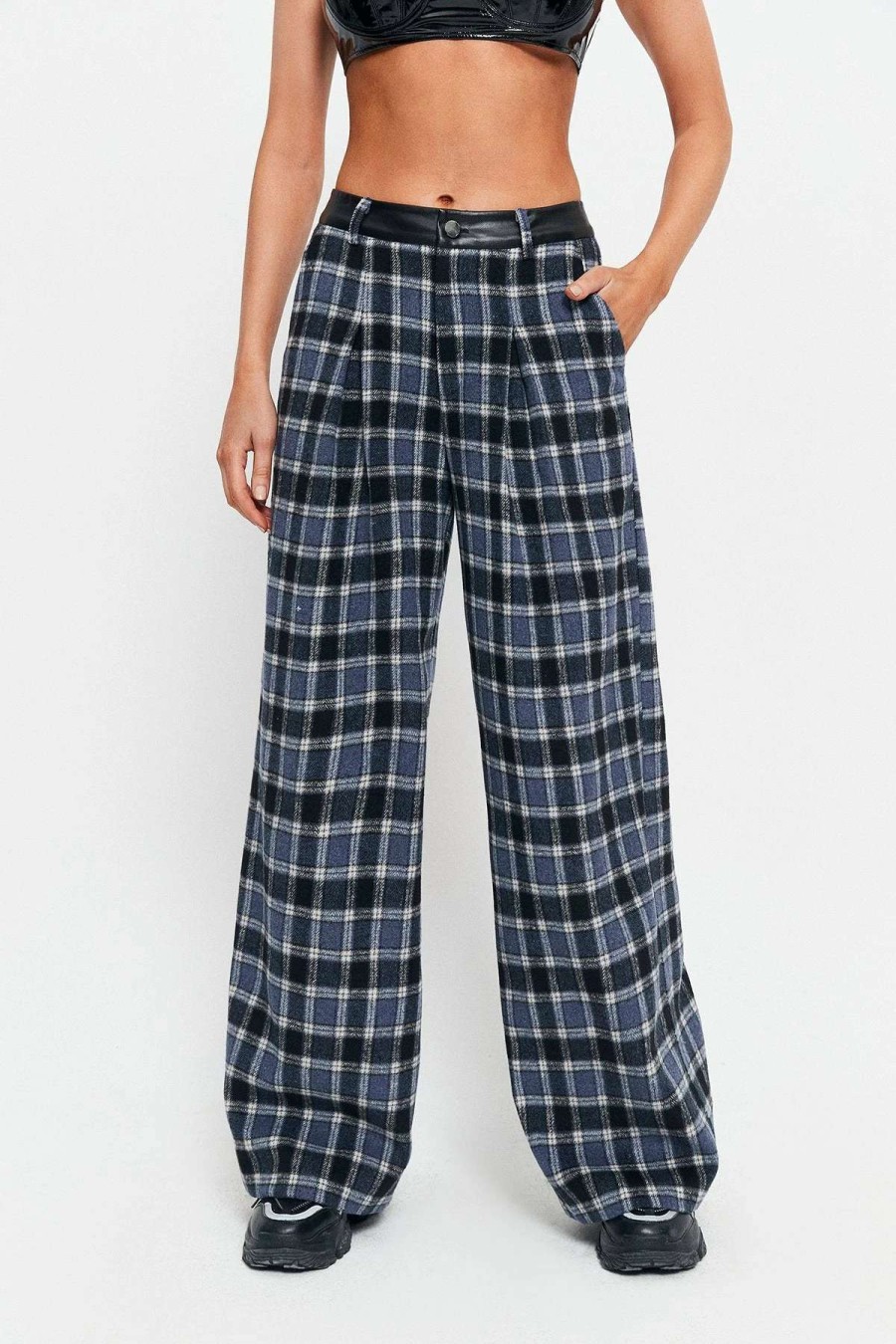 Pants * | Solado Low Waist Check Print Pu Leather Splicing Straight Pants Darkblue