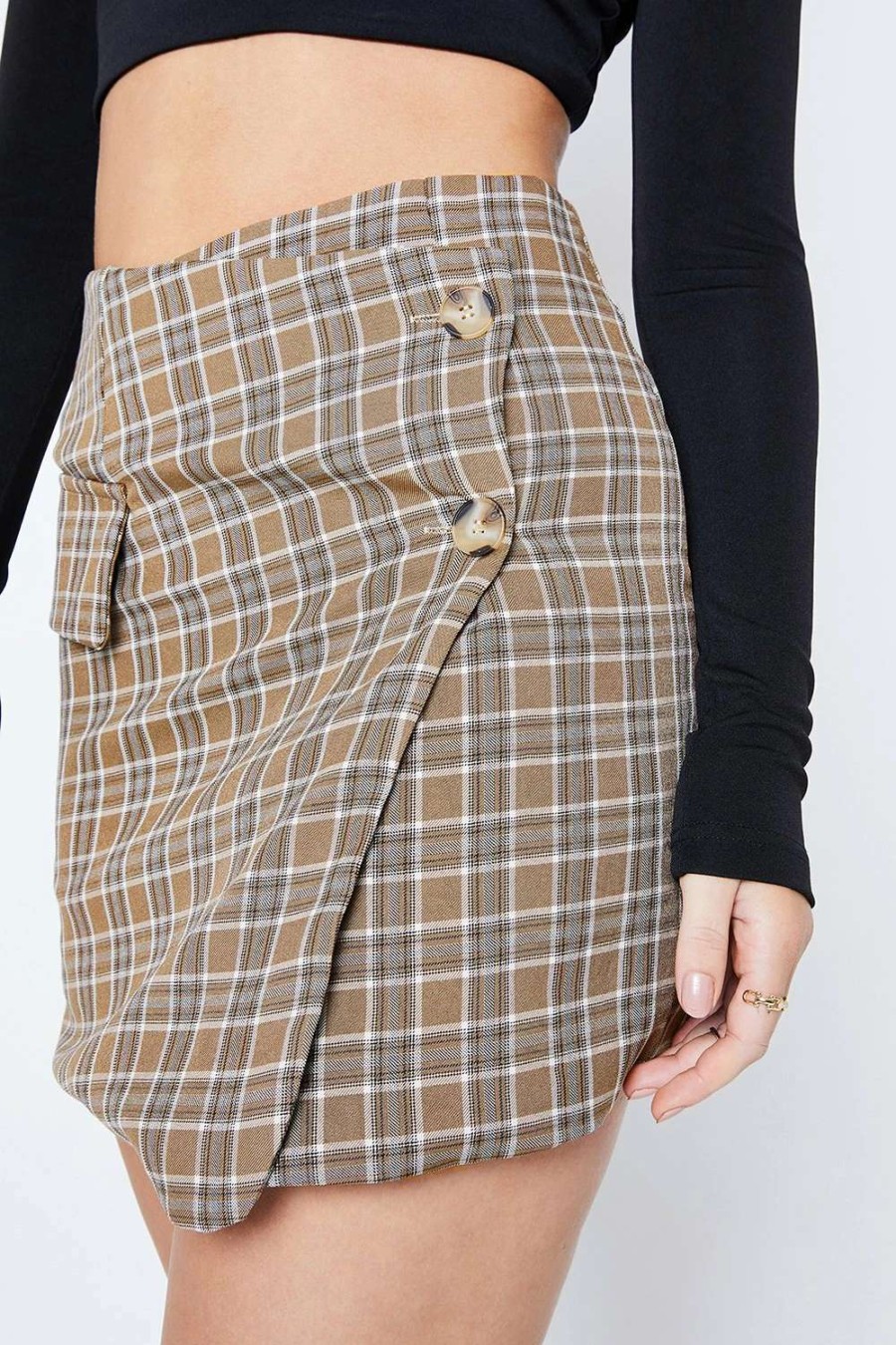 Skirts * | Solado High Waist Check Print Wrap Hem Mini Skirt Darkkhaki