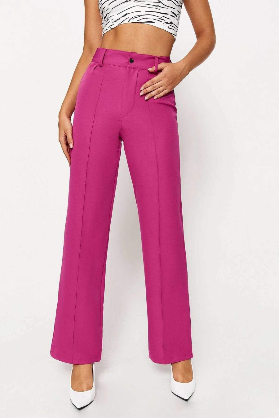 Pants * | Solado High Waist Splicing Solid Straight Suit Pants Deeppink