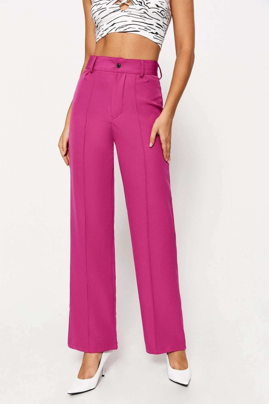 Pants * | Solado High Waist Splicing Solid Straight Suit Pants Deeppink