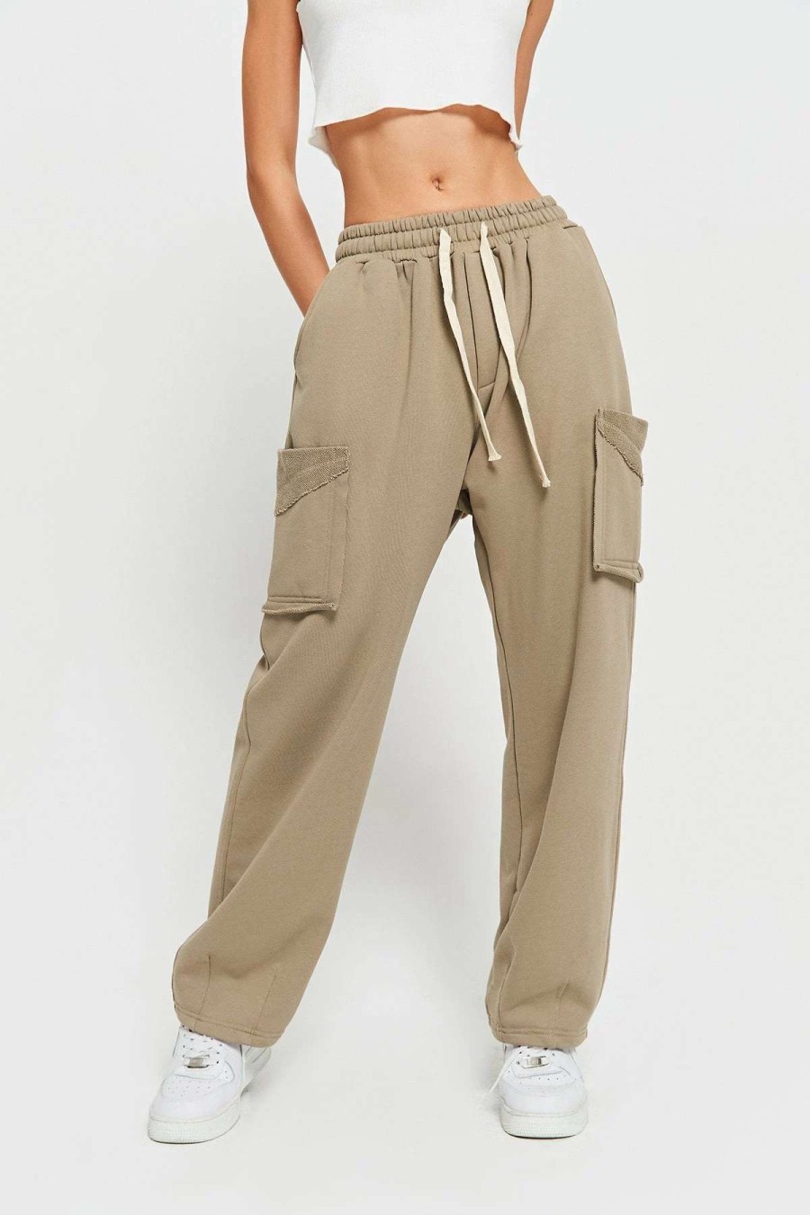 Pants * | Solado Drawstring Waist Pocket Patched Solid Joggers Tan