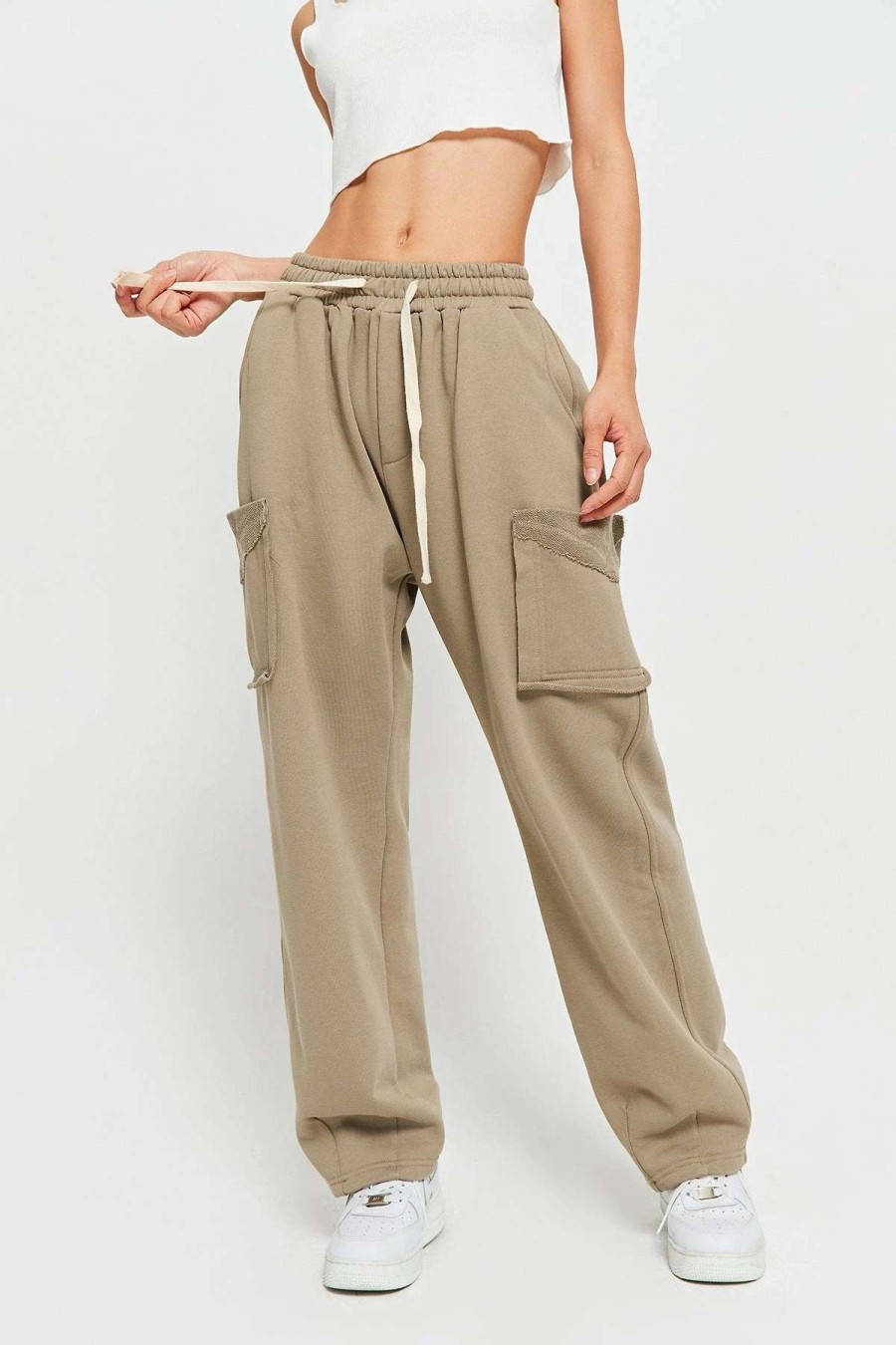 Pants * | Solado Drawstring Waist Pocket Patched Solid Joggers Tan