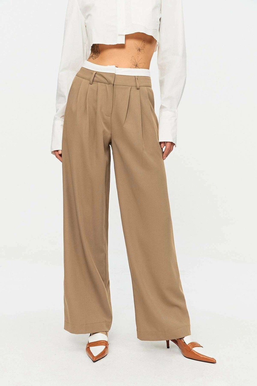 Pants * | Solado Low Waist Colorblock Dual Pocket Wide Leg Pants Tan