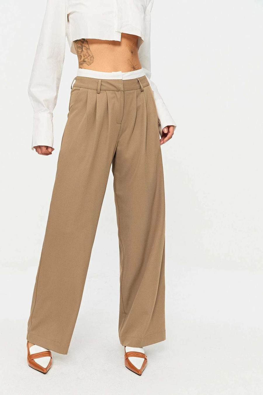 Pants * | Solado Low Waist Colorblock Dual Pocket Wide Leg Pants Tan