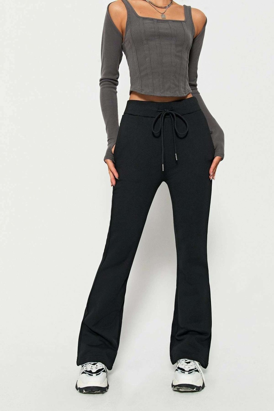 Pants * | Solado High Waist Zipper Pocket Solid Flared Pants Black