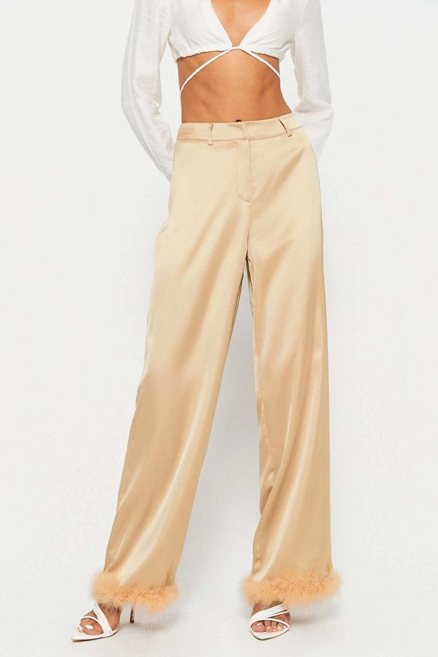 Pants * | Solado Low Waist Feather Trim Satin Straight Pants Khaki