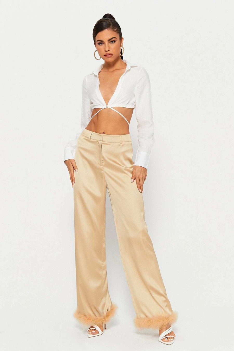 Pants * | Solado Low Waist Feather Trim Satin Straight Pants Khaki