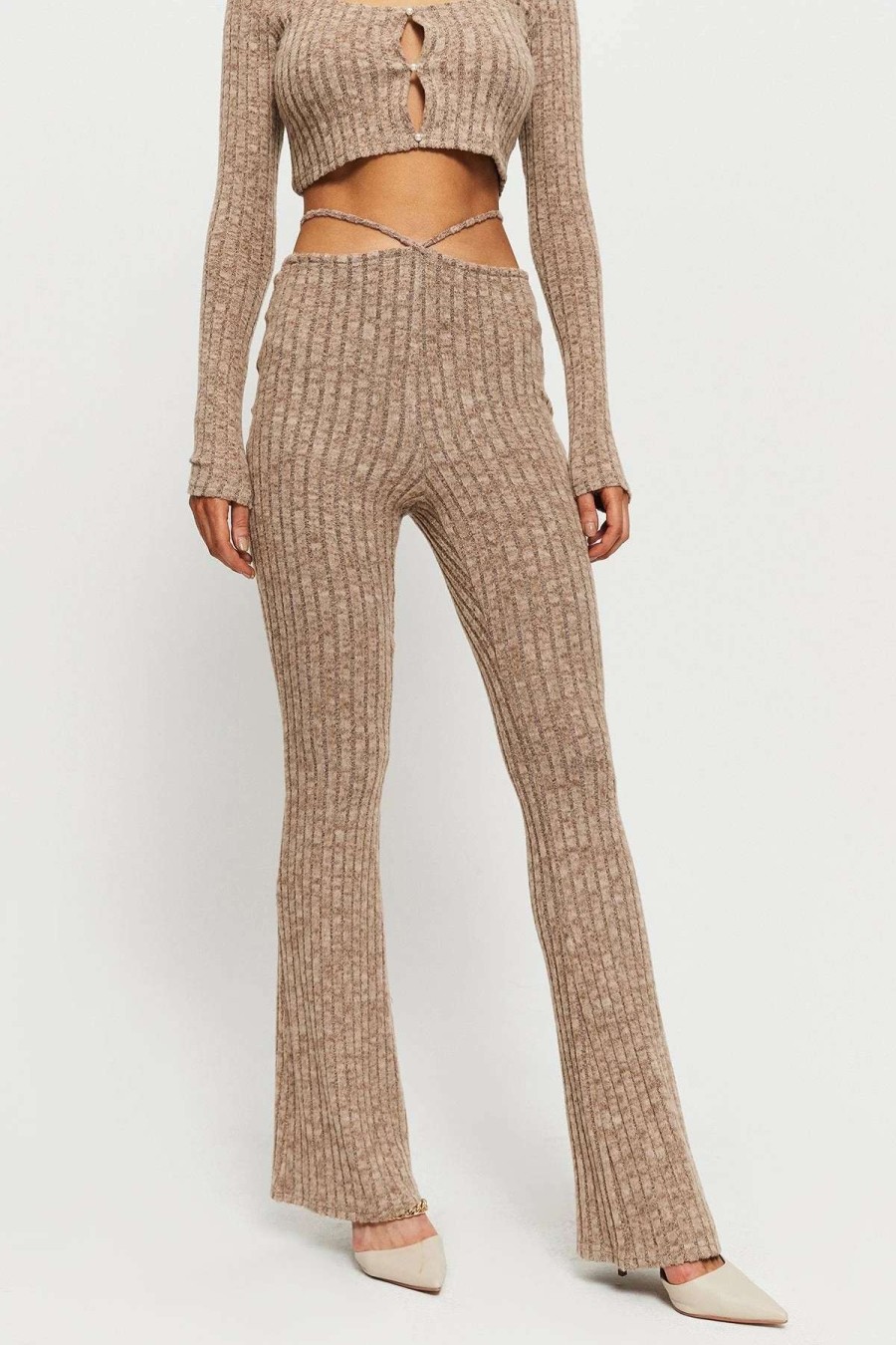 Pants * | Solado Stripe Knitted Tie Detail Draped Straight Pants Tan