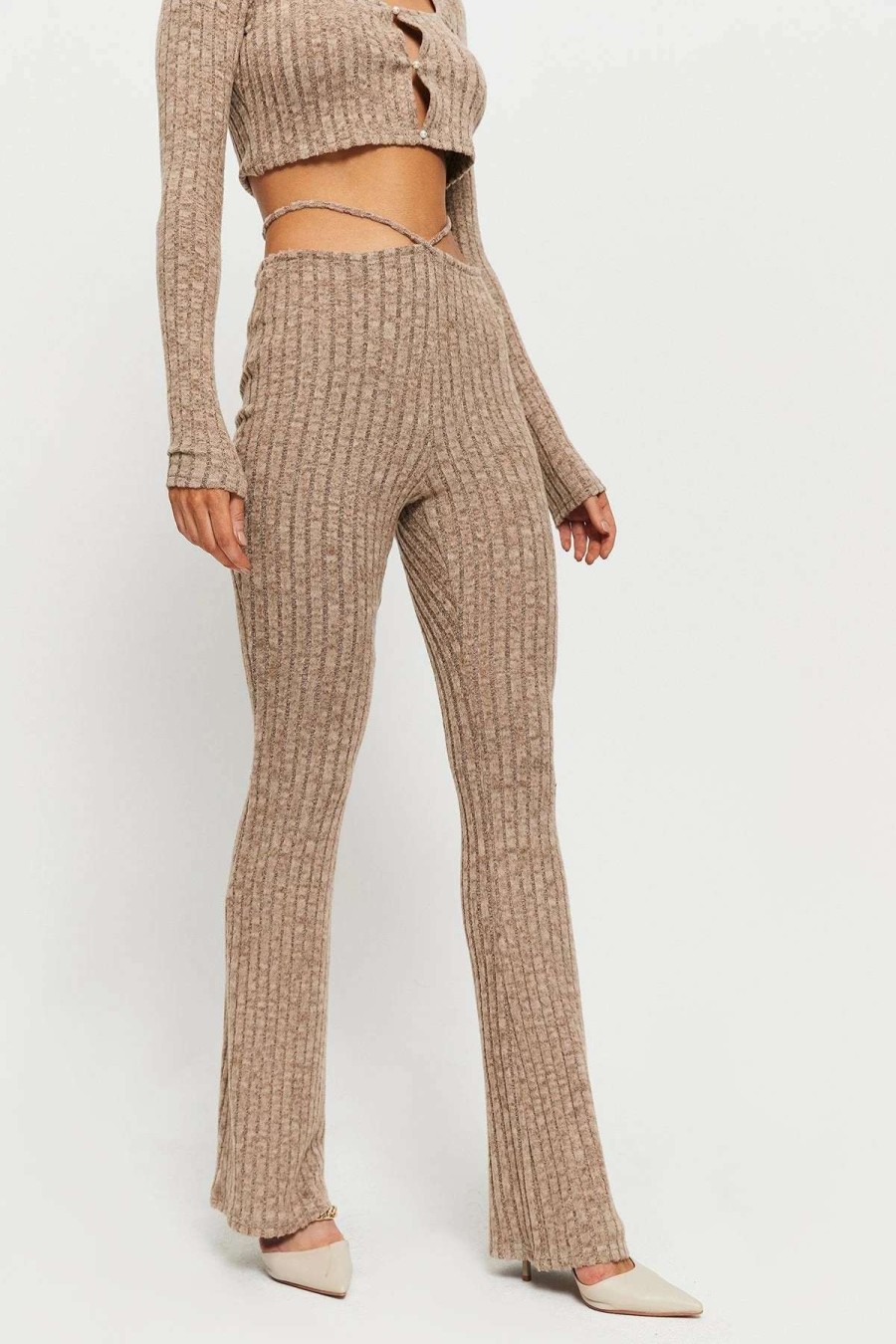 Pants * | Solado Stripe Knitted Tie Detail Draped Straight Pants Tan