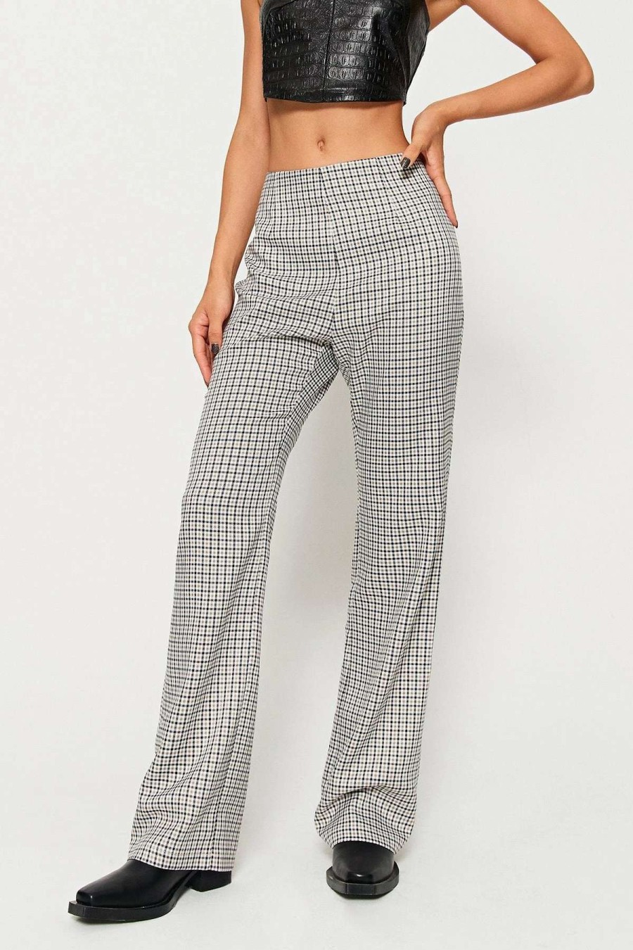 Pants * | Solado Low Waist Check Print Draped Straight Pants Lightgray