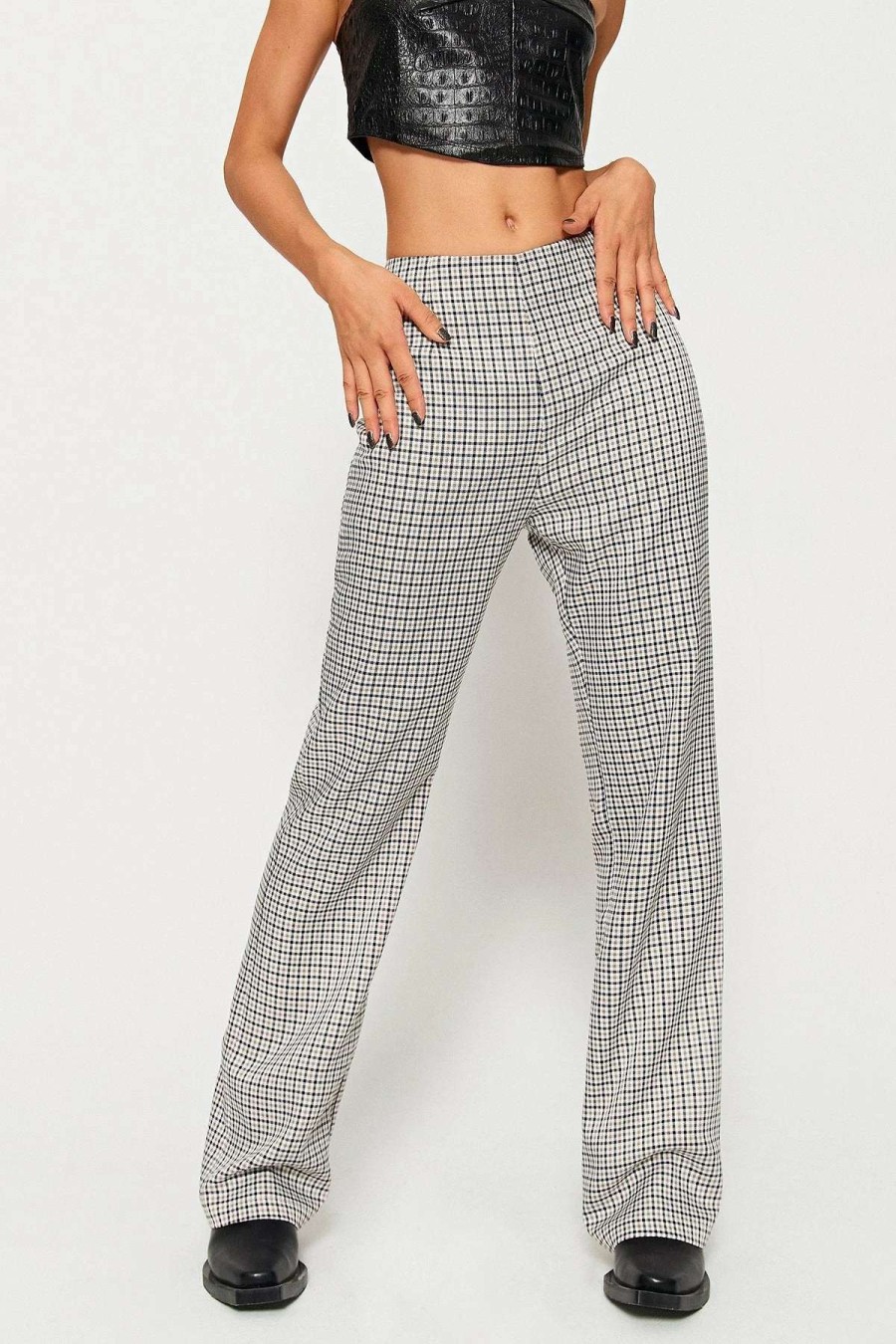 Pants * | Solado Low Waist Check Print Draped Straight Pants Lightgray