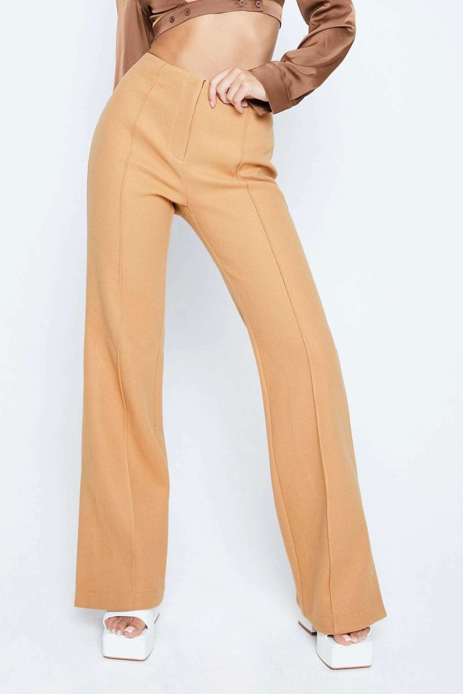 Pants * | Solado High Waist Seam Detail Split Hem Straight Pants Wheat