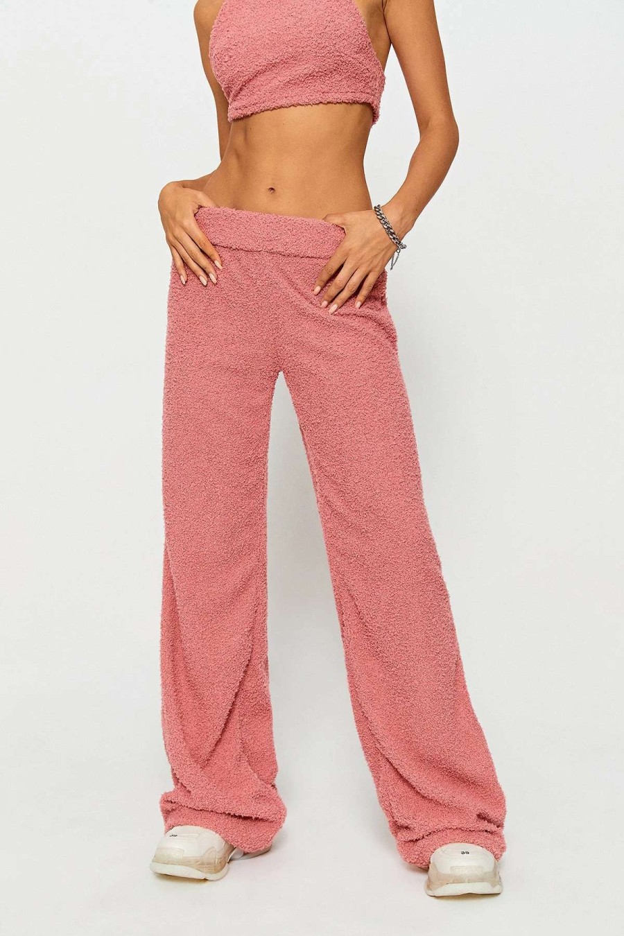 Pants * | Solado High Waist Draped Solid Teddy Straight Pants Pink