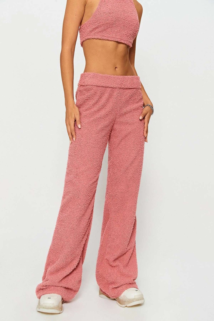 Pants * | Solado High Waist Draped Solid Teddy Straight Pants Pink